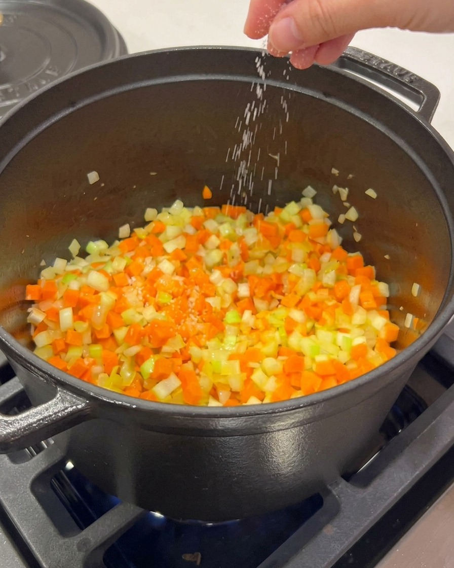 Una mano espolvoreando sal gruesa en una olla con verduras picadas salteándose.