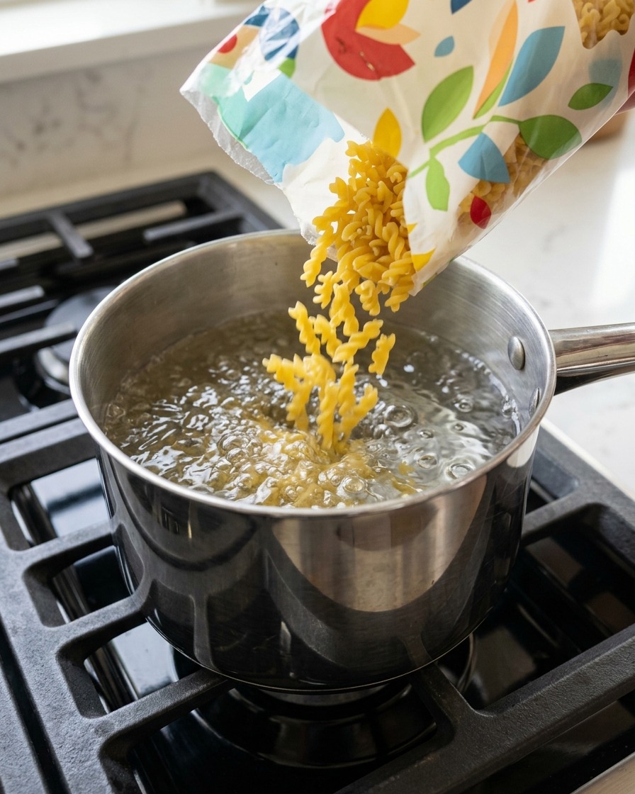 Fideos de huevo secos y anchos vertiéndose de una bolsa a una cacerola con agua hirviendo en la estufa.