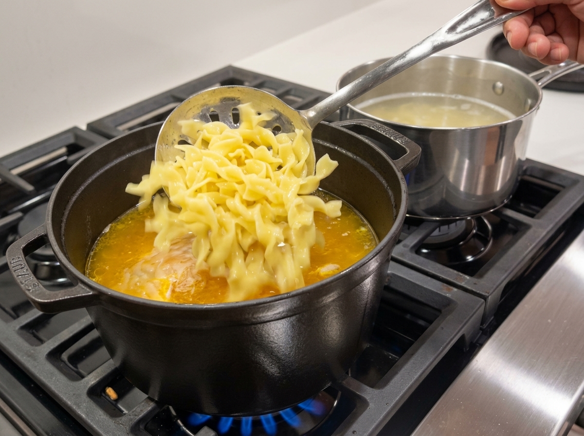Fideos de huevo hervidos transfiriéndose con una espumadera a una olla de sopa de pollo y verduras a fuego lento.