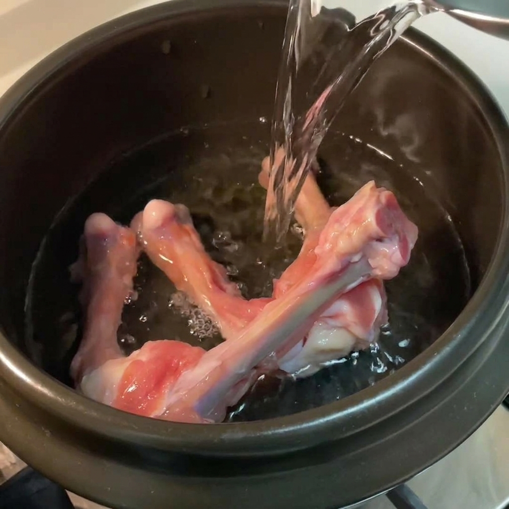 Agua clara vertida sobre huesos de pollo en una olla negra.