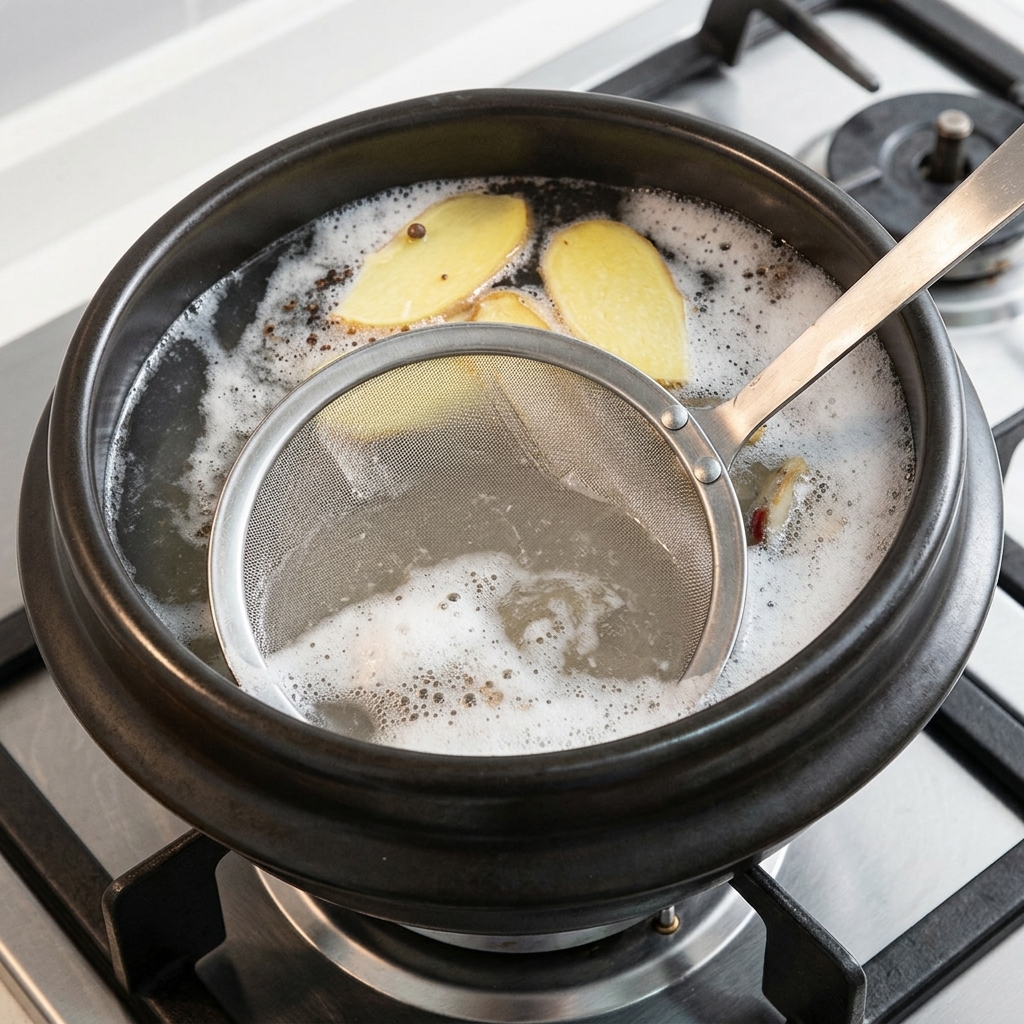 Un colador de malla eliminando la espuma de la superficie del caldo.