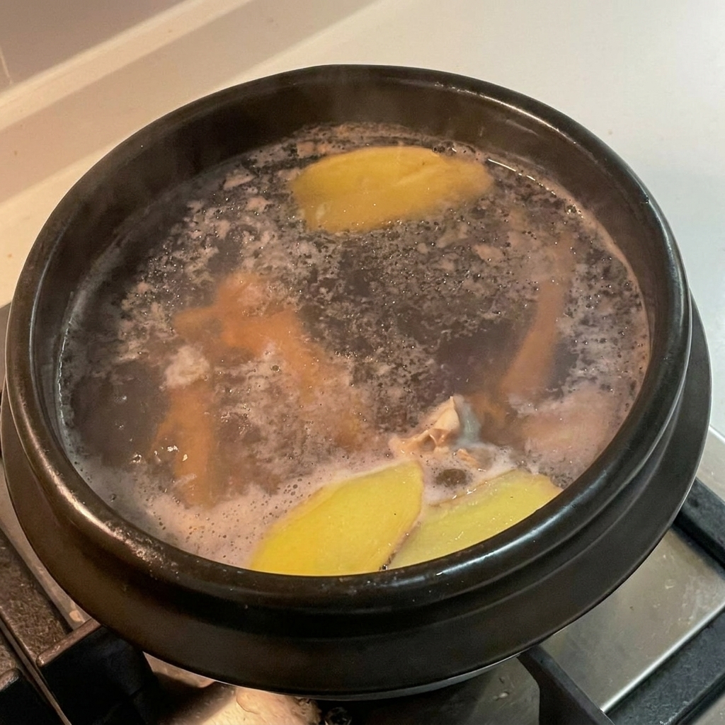 Olla de barro tapada hirviendo a fuego lento en la estufa.