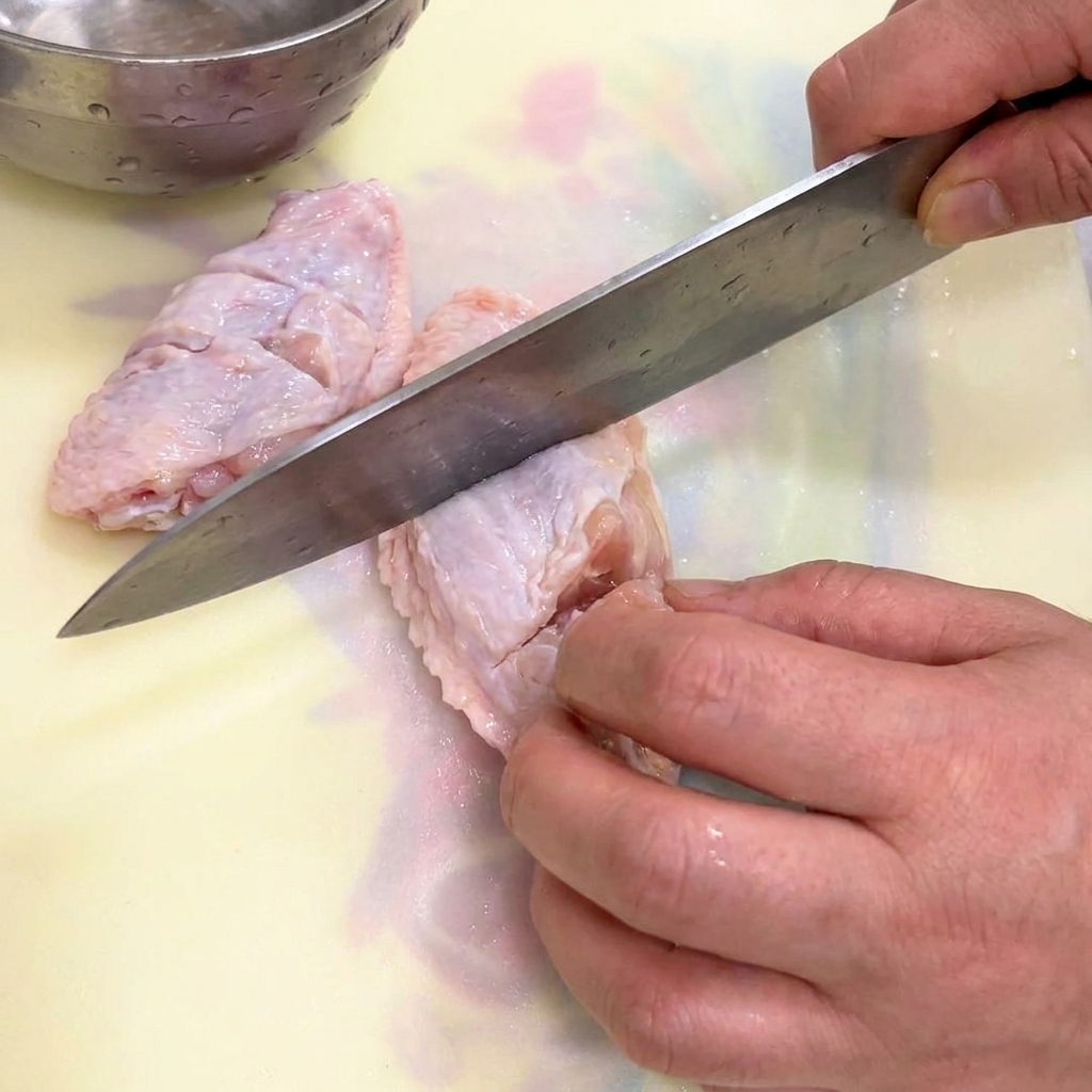 Primer plano de un cuchillo haciendo cortes en la piel de las alitas de pollo crudas sobre una tabla de cortar.