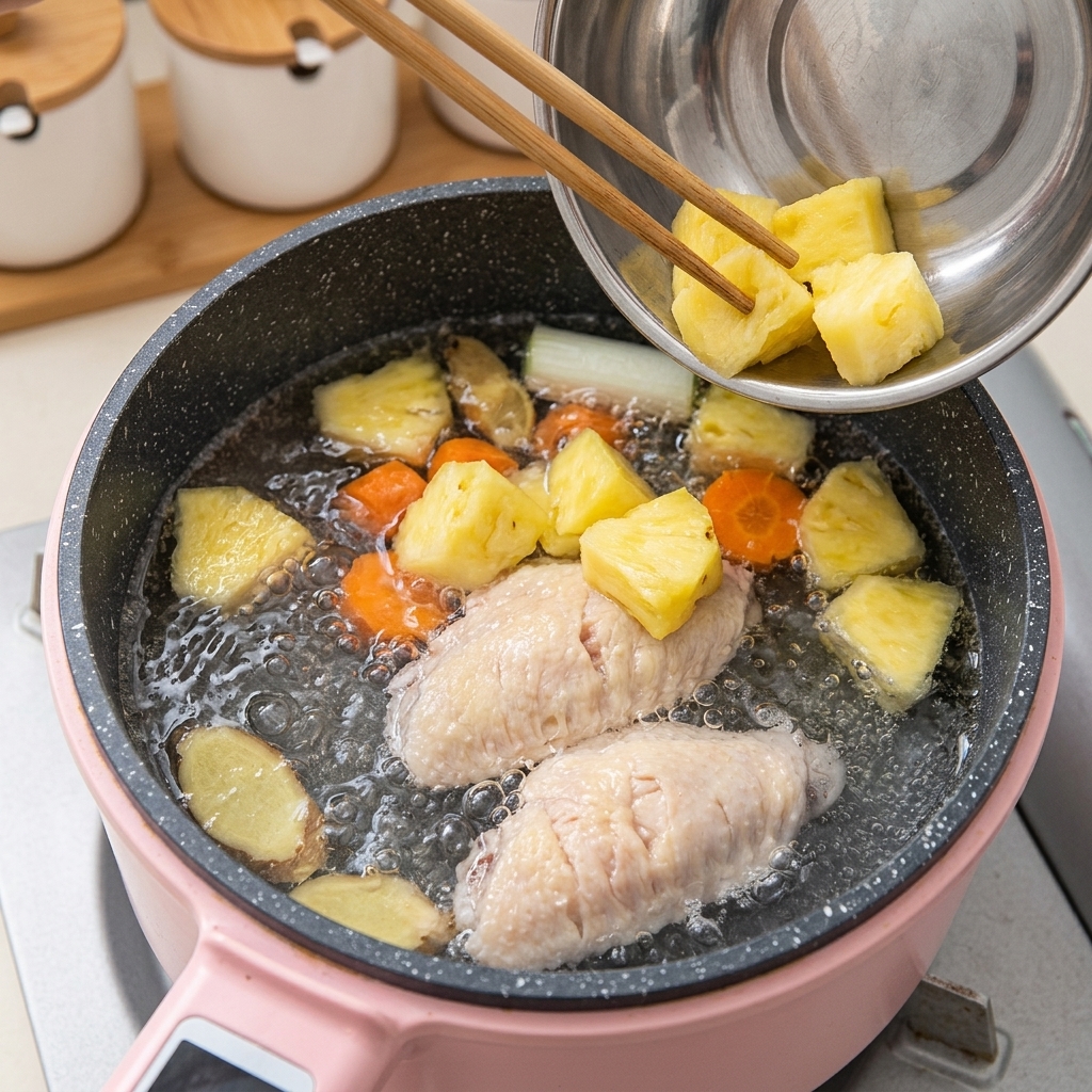Dados de zanahorias y patatas siendo añadidos a la olla con las alitas de pollo y el caldo.