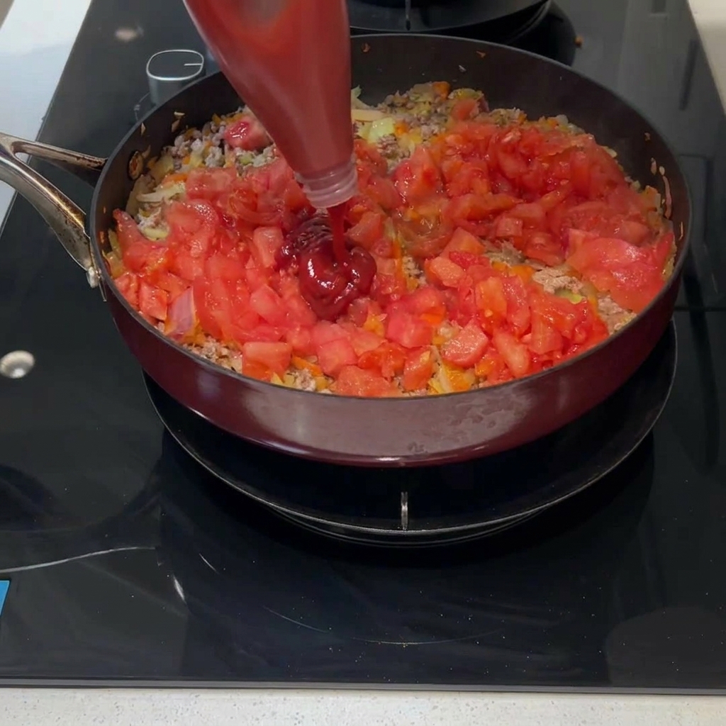 Concentrado de tomate siendo añadido a una sartén con el resto de ingredientes.