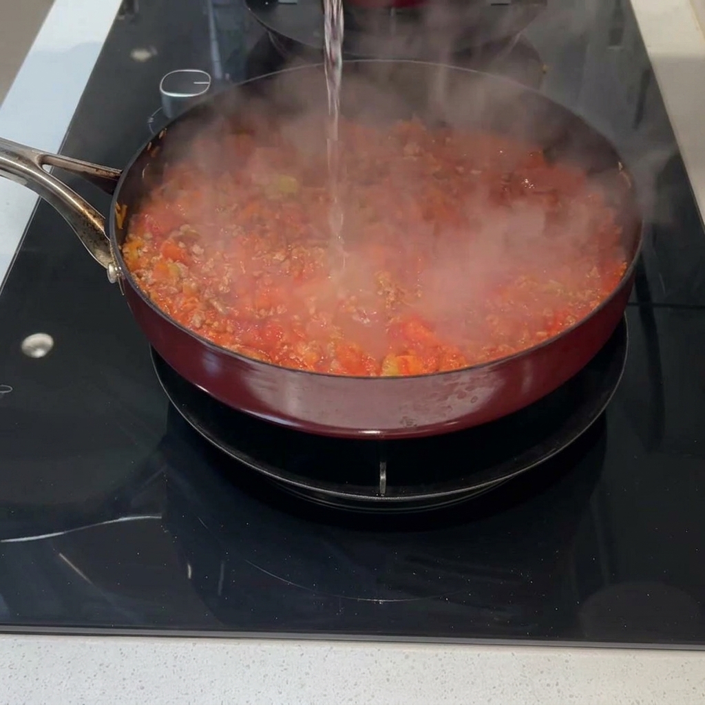 Agua siendo vertida en la sartén para cubrir los ingredientes.