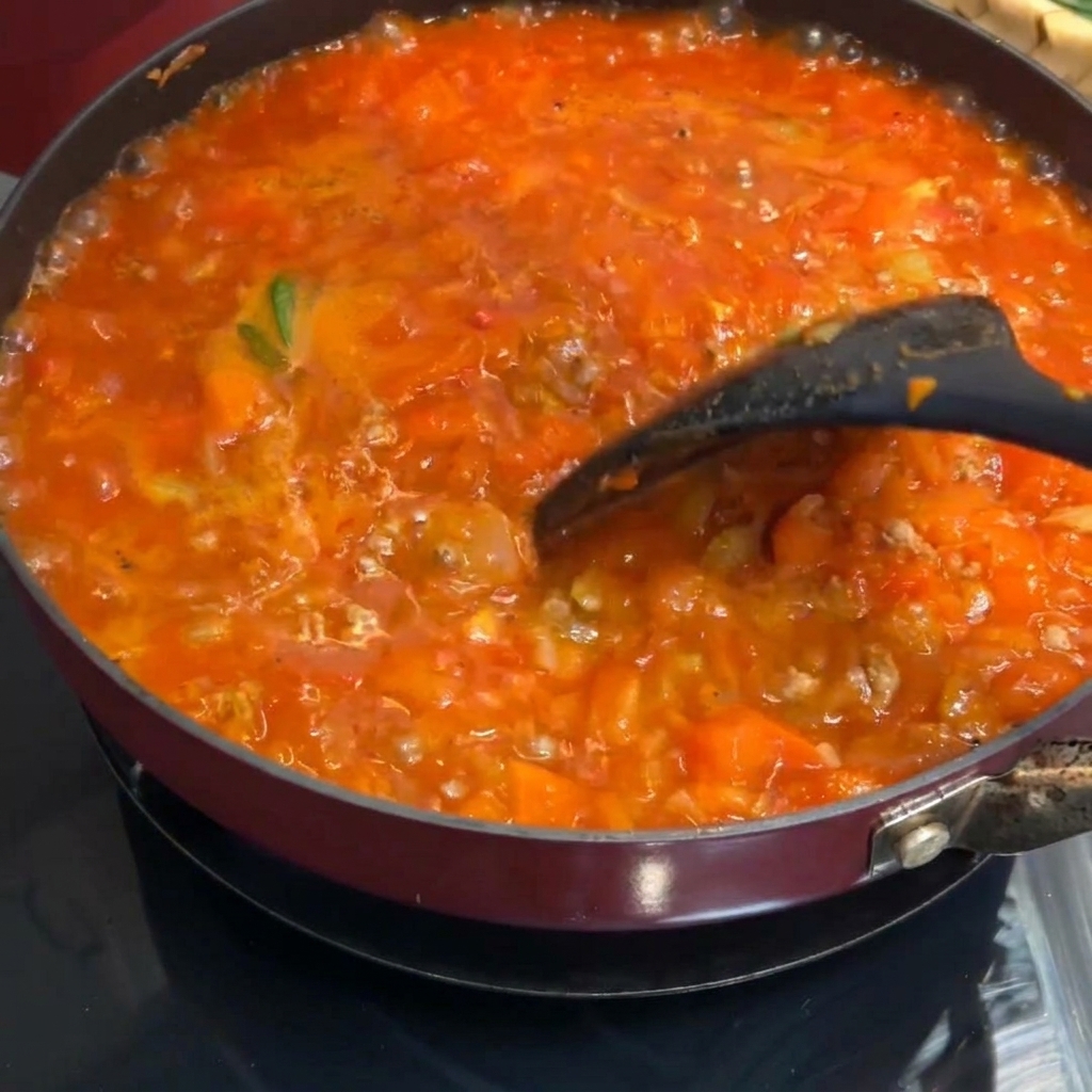 Salsa de carne espesa hirviendo a fuego lento siendo removida con una espátula.