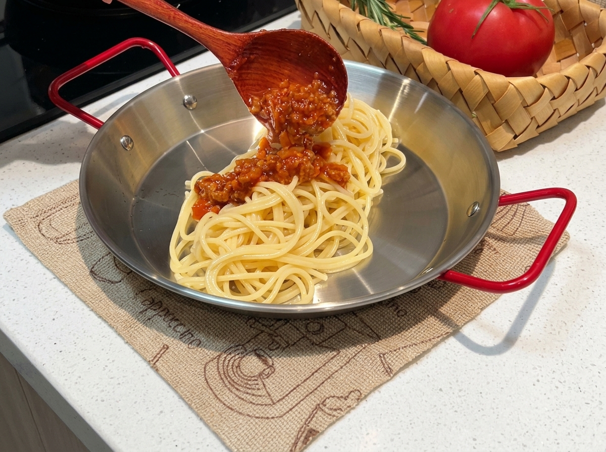 Una porción de espaguetis cocidos siendo cubiertos con una salsa de carne abundante.
