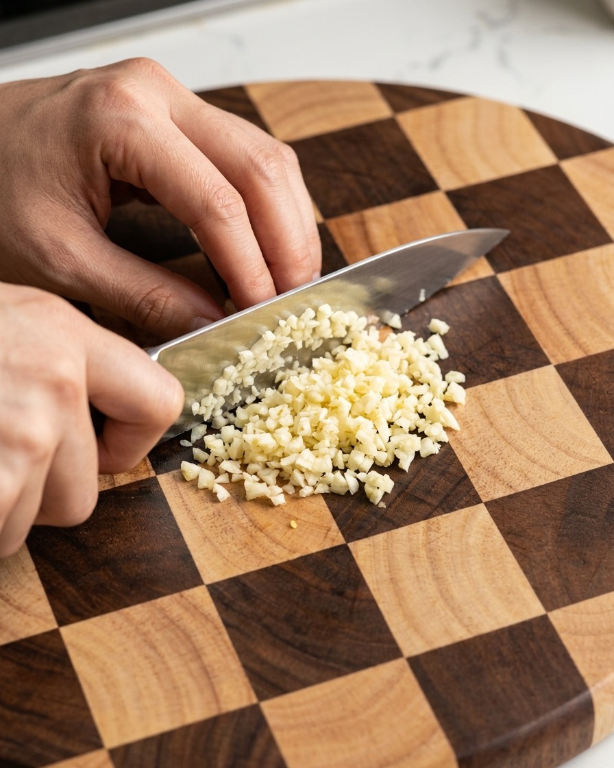 Un montón de ajo fresco picado finamente sobre una tabla de cortar.