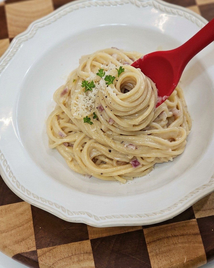 Usando pinzas de silicona rojas para enrollar espaguetis cremosos de pollo y champiñones y servirlos en un tazón de servir blanco con textura.