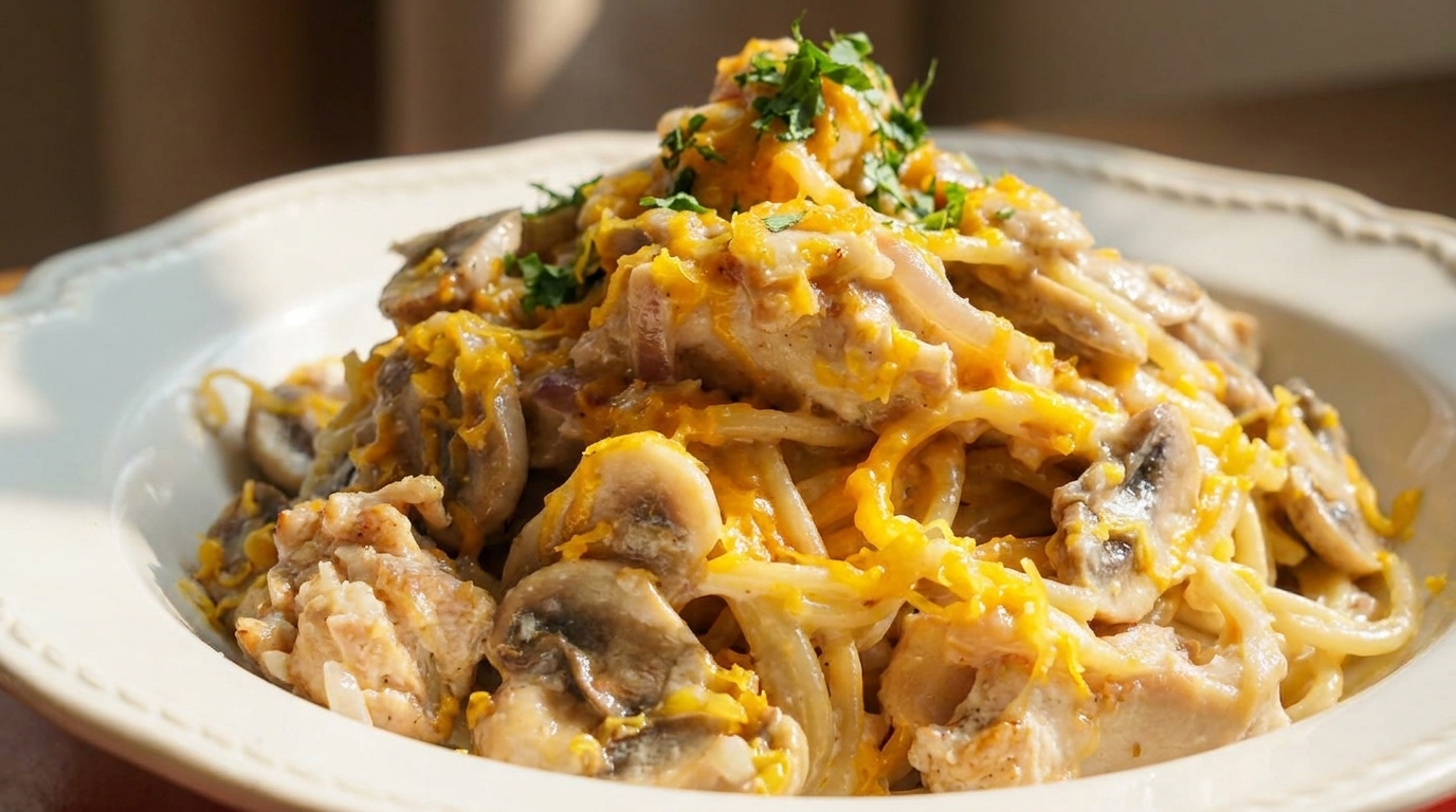 Pasta Cremosa con Pollo y Champiñones al Ajillo