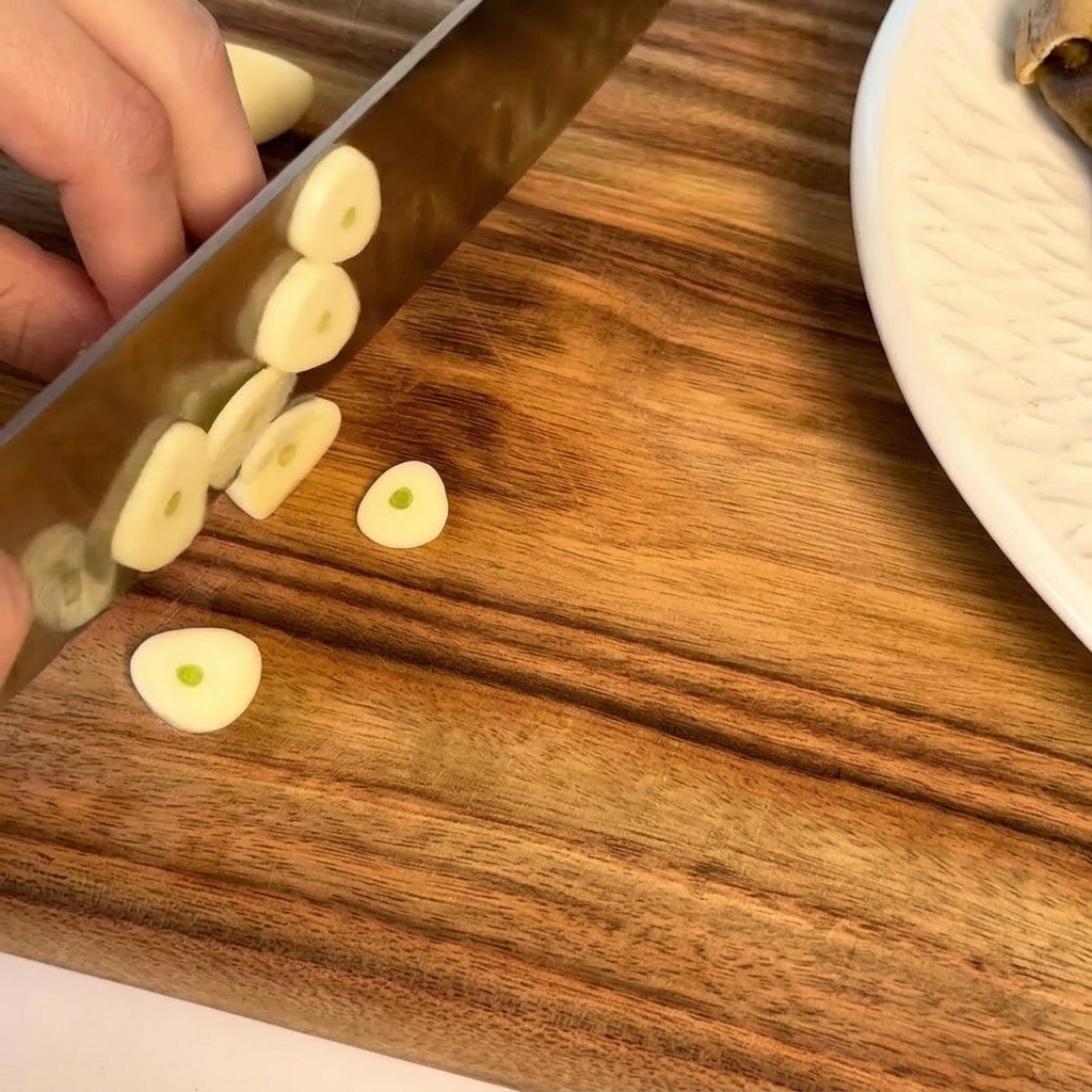 Dientes de ajo frescos cortados en rodajas finas sobre una tabla de madera.