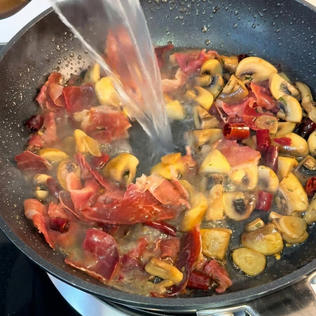Un chorro de agua con almidón de la pasta vertido en una sartén con salsa, jamón y champiñones.
