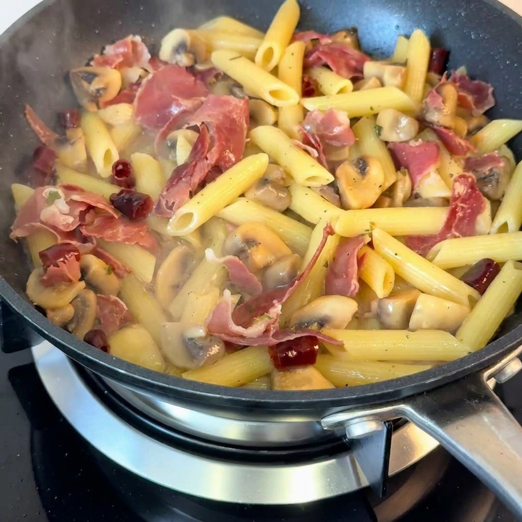 Primer plano del plato de pasta en la sartén, siendo decorado con cebolletas frescas picadas.