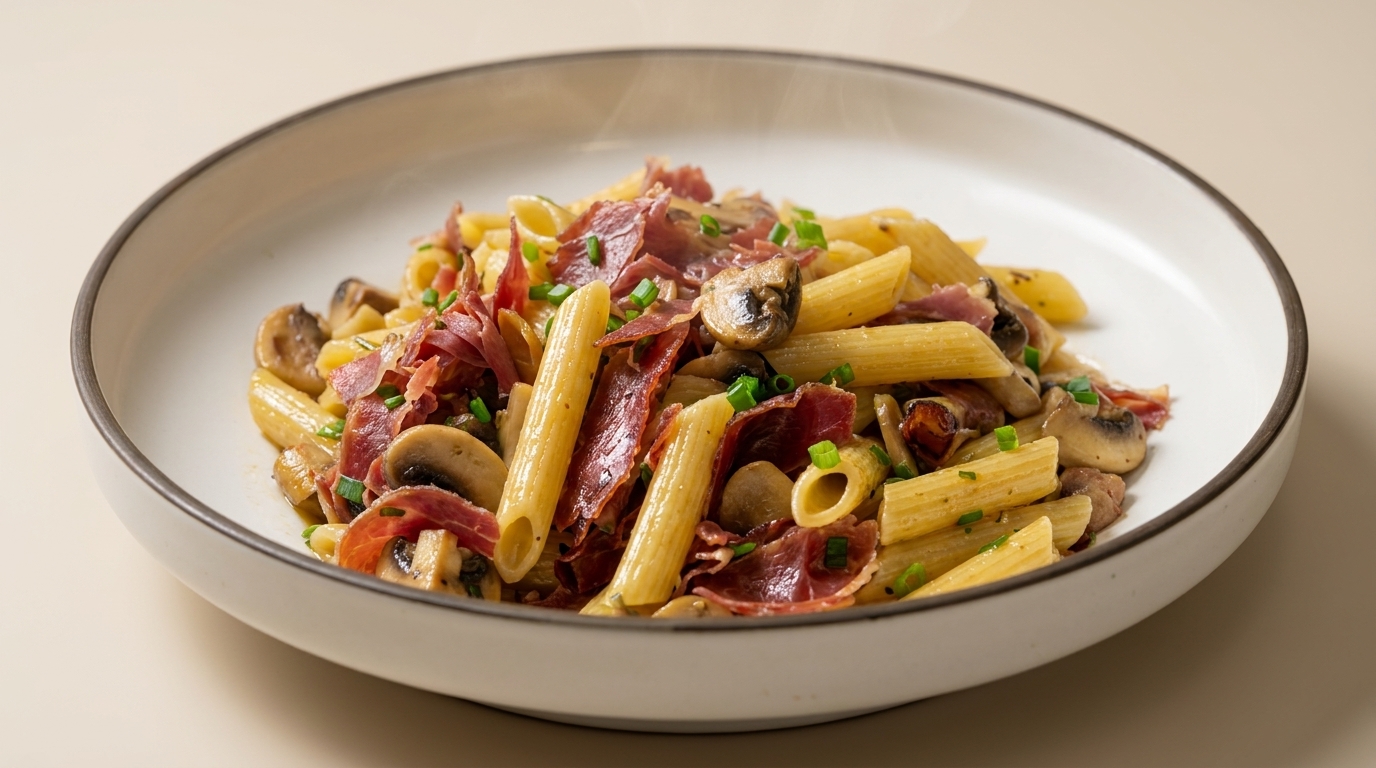 Penne con jamón y champiñones al ajo