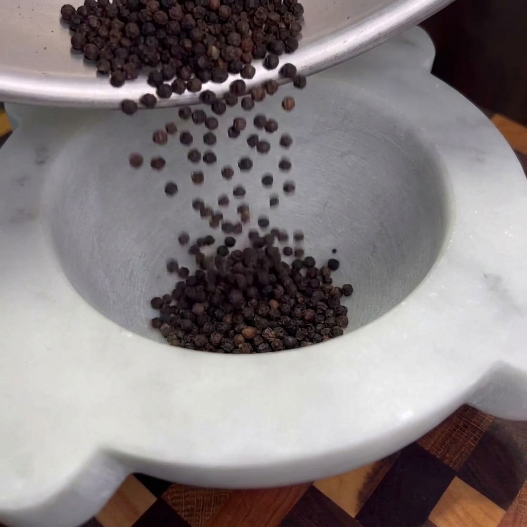 Un mortero de mármol con su mano machacando granos de pimienta negra tostados.