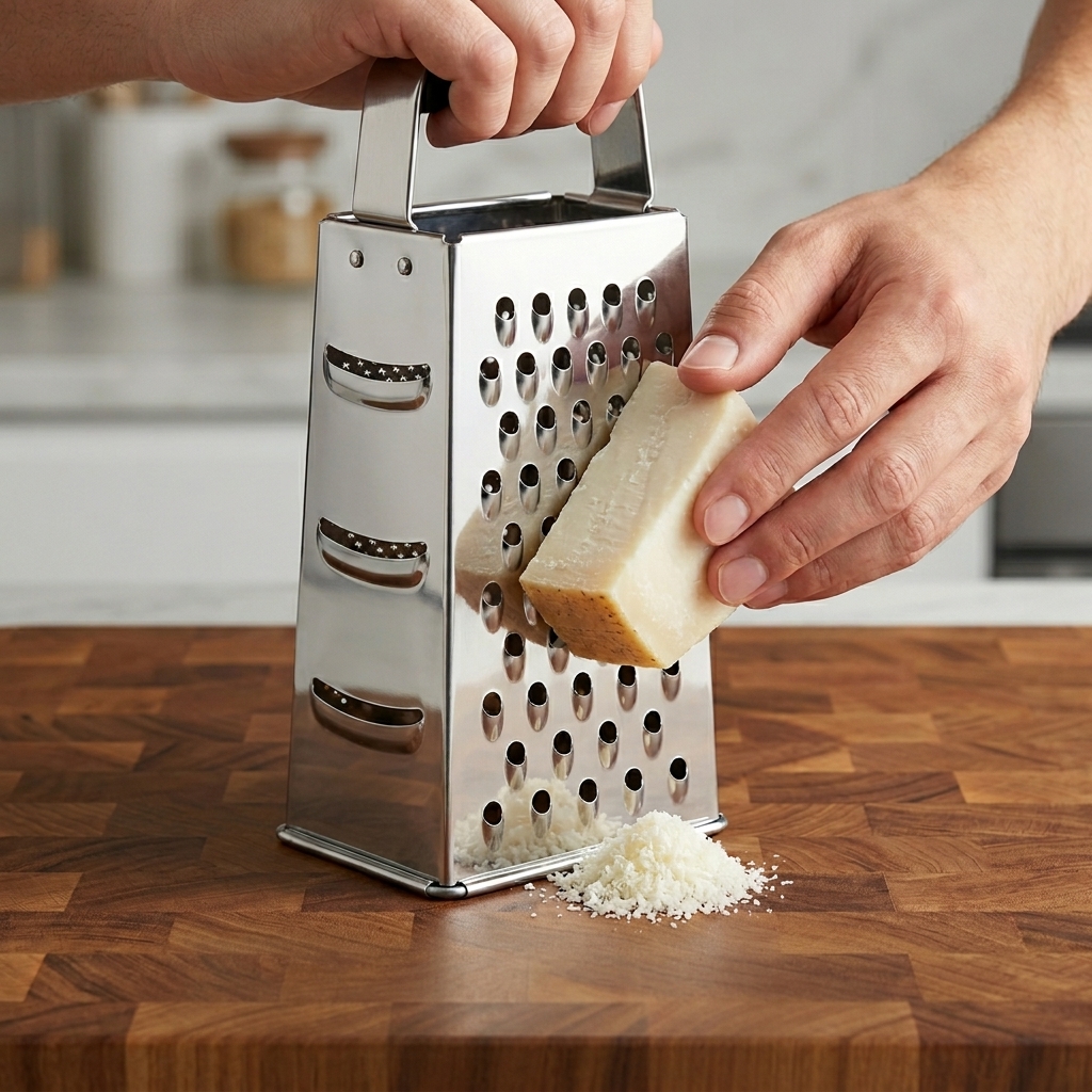 Rallando a mano un bloque de queso Pecorino Romano en un rallador de caja de metal.