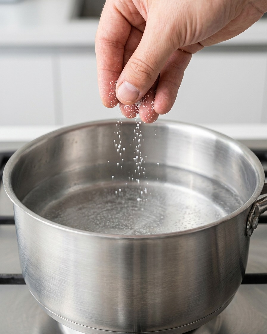 Largas tiras de espaguetis cayendo en una olla grande con agua hirviendo.