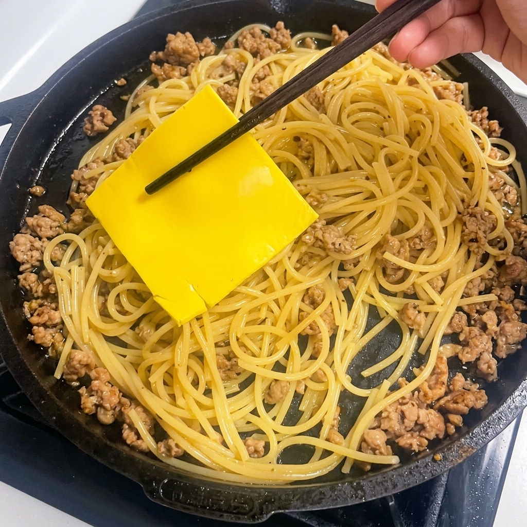 Una loncha de queso amarillo colocada sobre la pasta caliente en una sartén.