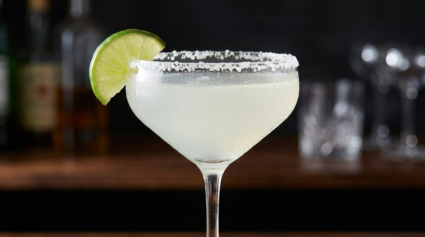 Un cóctel Margarita clásico servido en una copa cupé fría, adornado con un borde de sal y un gajo de lima fresca.