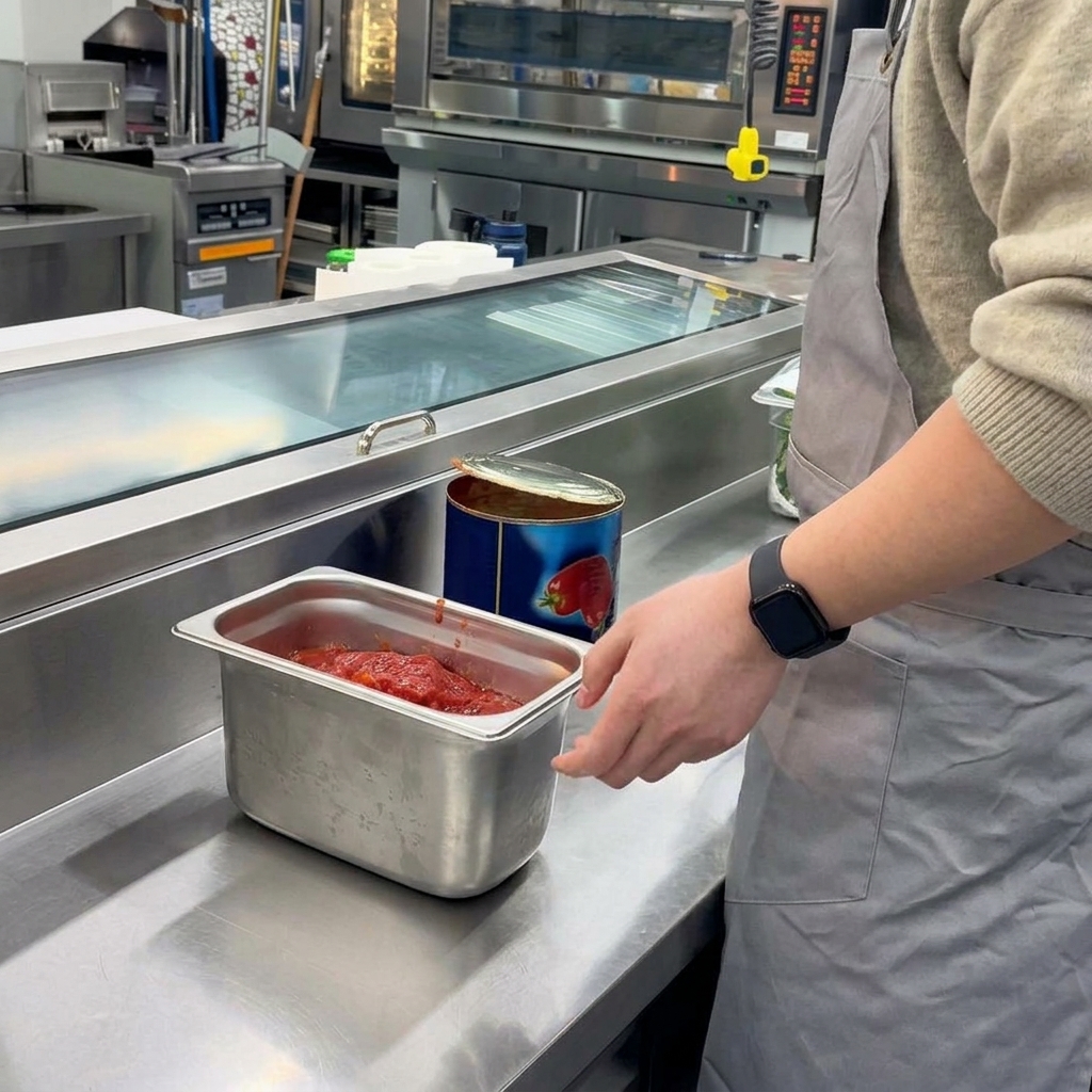 Sal siendo espolvoreada con la mano en un recipiente de acero inoxidable con tomates triturados.