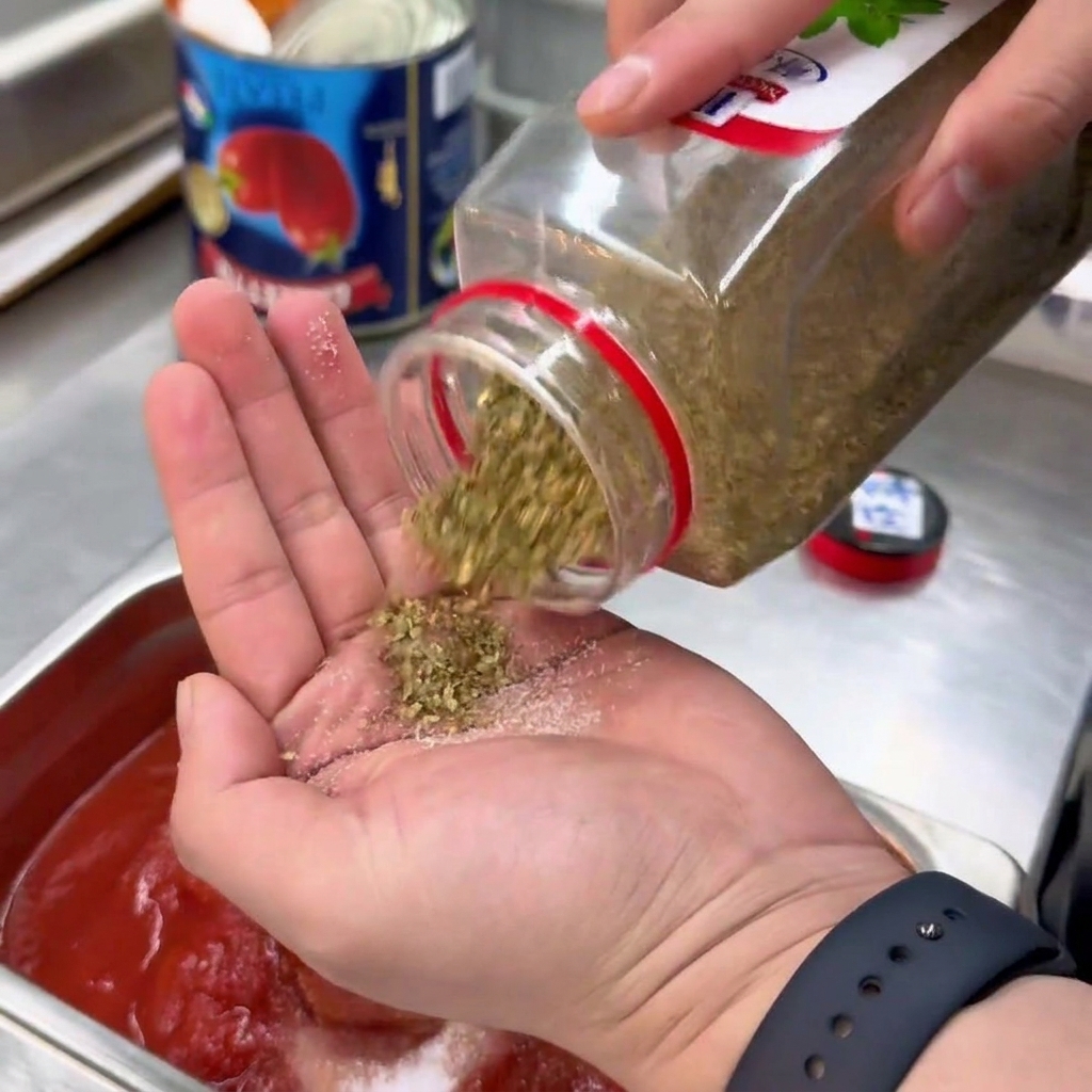 Orégano seco siendo espolvoreado desde una palma hacia un recipiente de metal con salsa de tomate.