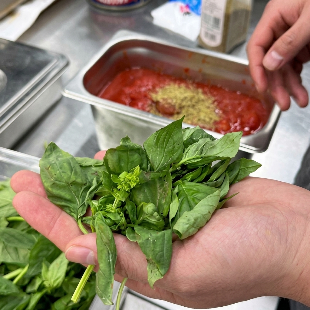 Hojas de albahaca verde fresca siendo colocadas en un recipiente con salsa de tomate sazonada.