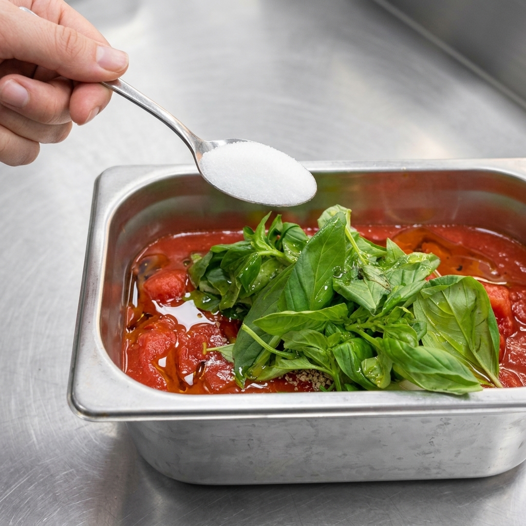 Una cucharadita de azúcar blanca siendo añadida a un recipiente de salsa de tomate.