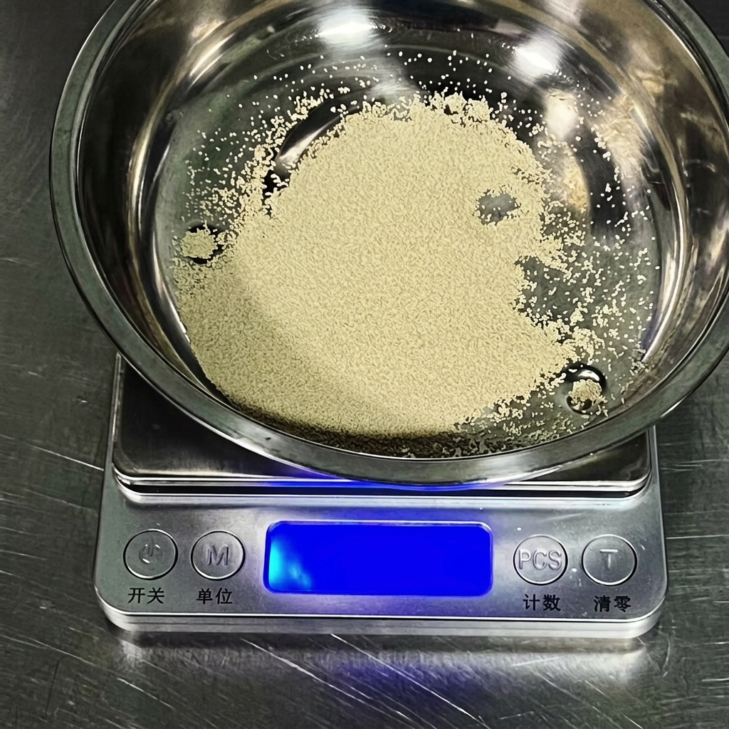 Gránulos de levadura seca pesándose en un pequeño recipiente metálico.