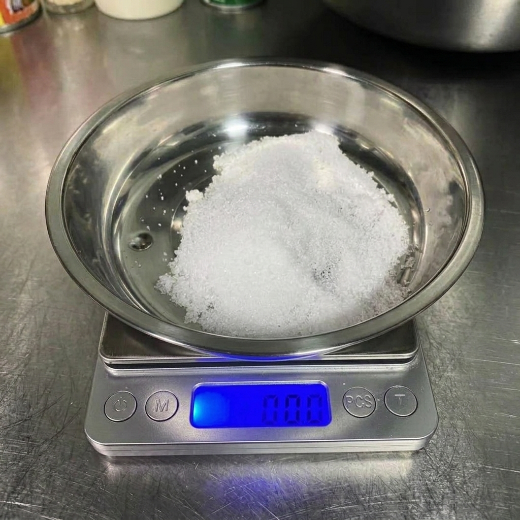 Un pequeño montón de sal marina en un recipiente metálico sobre una báscula.