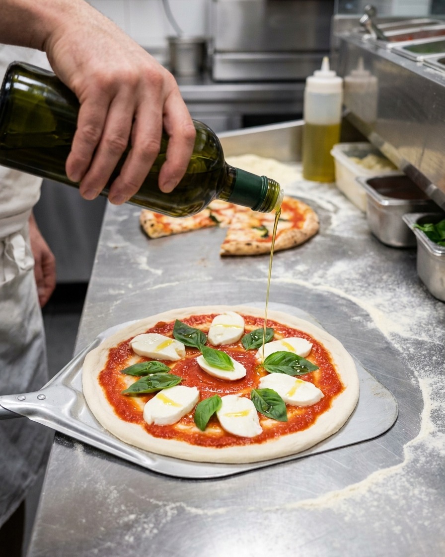 Aceite de oliva siendo rociado sobre la pizza cruda.