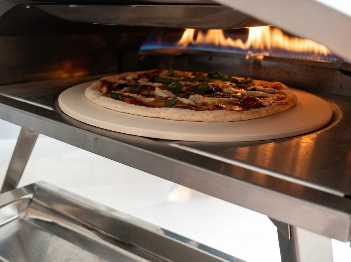 Pizza siendo introducida en un horno de gas caliente con llamas visibles.