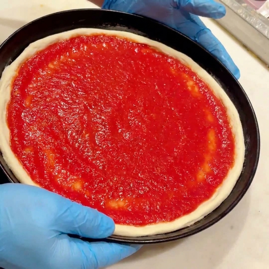 Salsa de tomate rojo vibrante siendo esparcida uniformemente sobre la superficie de la masa de pizza cruda.