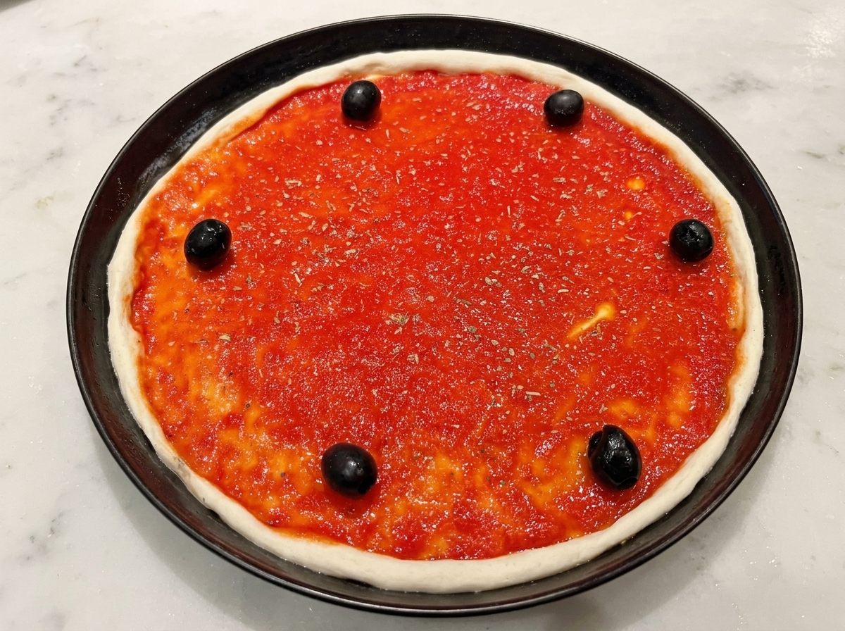 Aceitunas negras colocadas sobre la salsa de tomate, con un ligero chorrito de aceite.