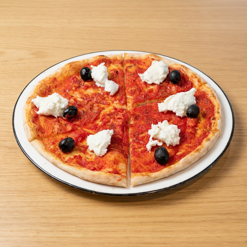 Una pizza recién horneada cubierta con salsa de tomate, aceitunas negras y trozos frescos de mozzarella de búfala blanca.