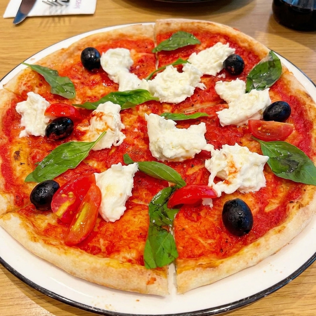 Una pizza horneada adornada con trozos de mozzarella fresca, hojas de albahaca verde, aceitunas negras y tomates cherry en rodajas.