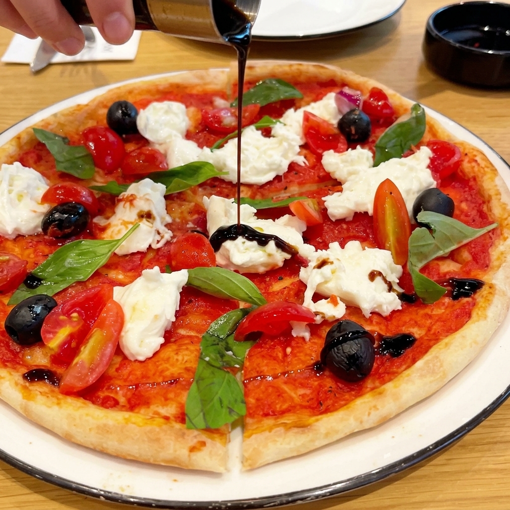 Glaseado balsámico oscuro cayendo en forma de hilo desde un vertedor de metal sobre una pizza caliente con mozzarella fresca, albahaca y tomates cherry.
