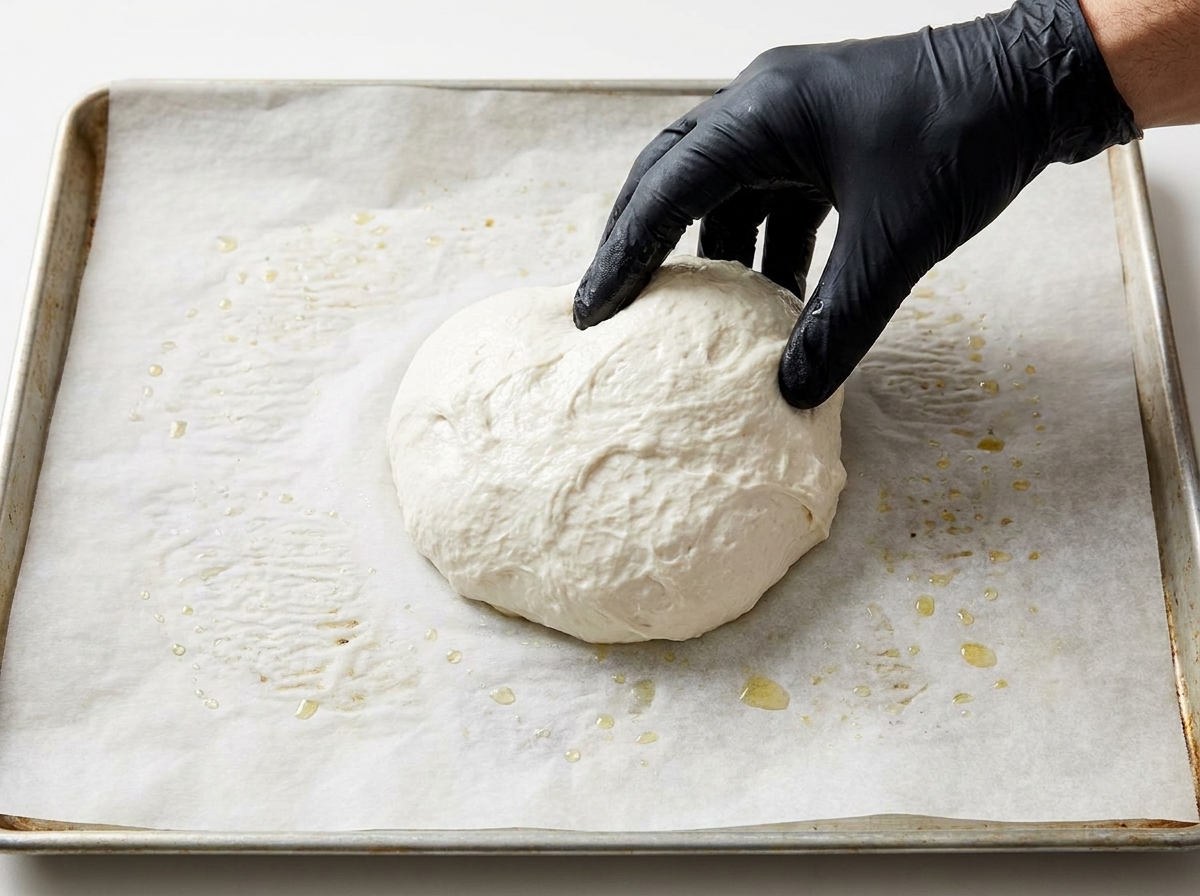 Una mano con guante negro colocando una bola de masa lisa sobre una bandeja de horno forrada con papel pergamino y rociada con aceite.