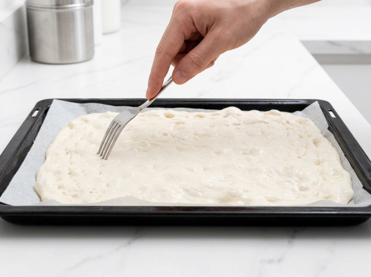 Una mano utilizando un tenedor de metal para hacer pequeños agujeros en una masa de pizza cruda, rectangular y estirada sobre una bandeja de horno.