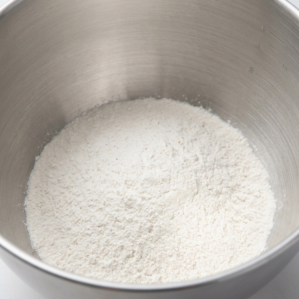 Ingredientes secos y harina en un tazón grande, listos para mezclar y formar la masa.