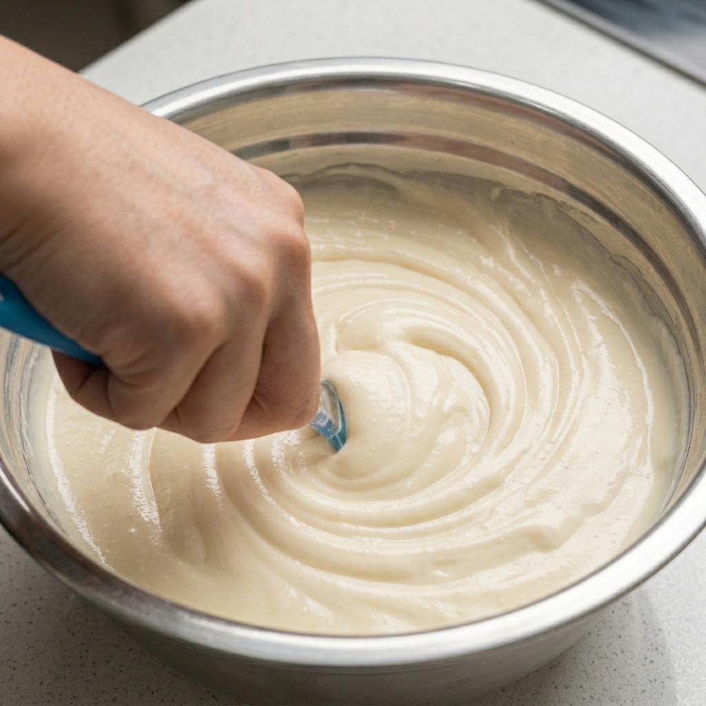 Leche condensada y mayonesa mezclándose con una brocha de silicona azul.