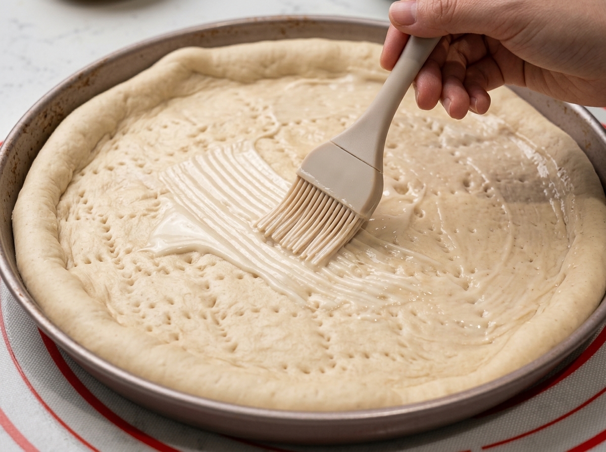 Una mano usando una brocha de silicona para extender una salsa blanca cremosa sobre una masa de pizza en un molde redondo.