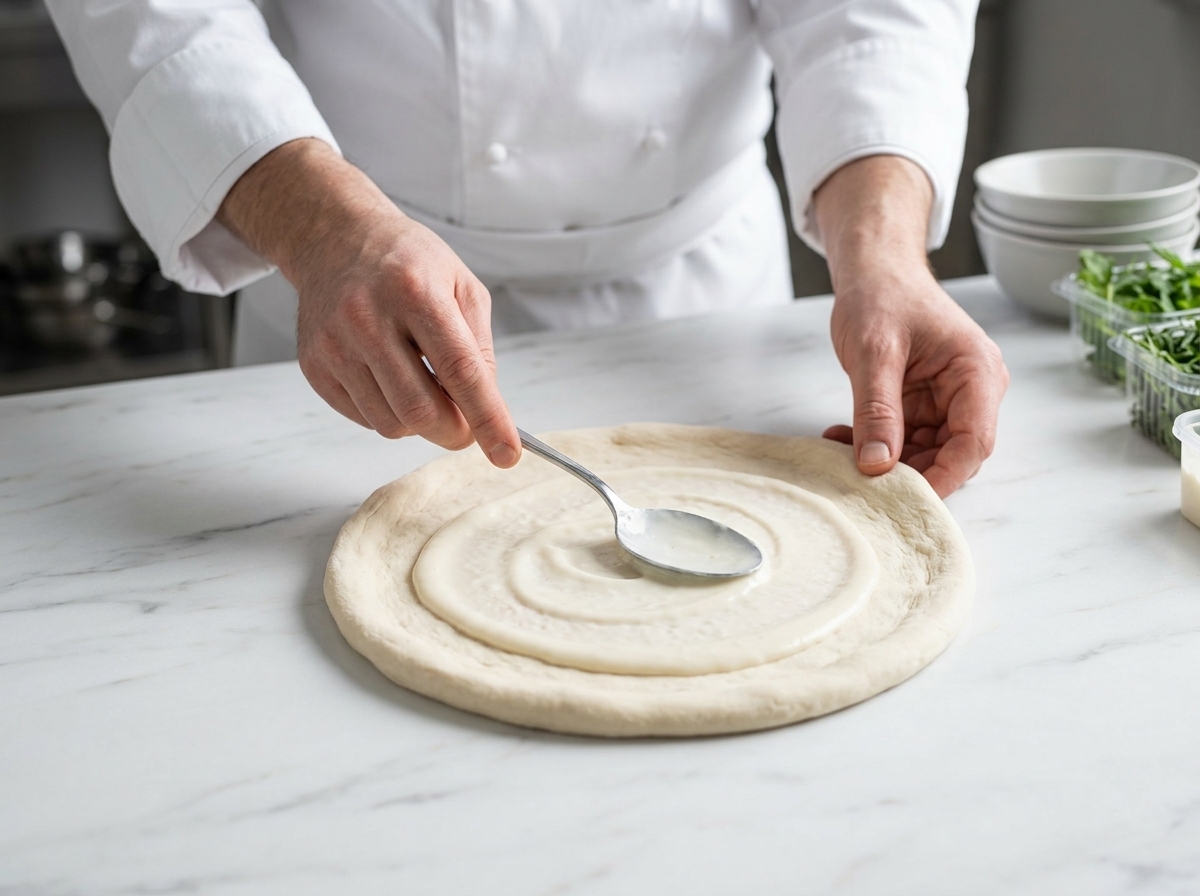 Una cuchara metálica extendiendo salsa blanca cremosa sobre una base de masa de pizza circular.