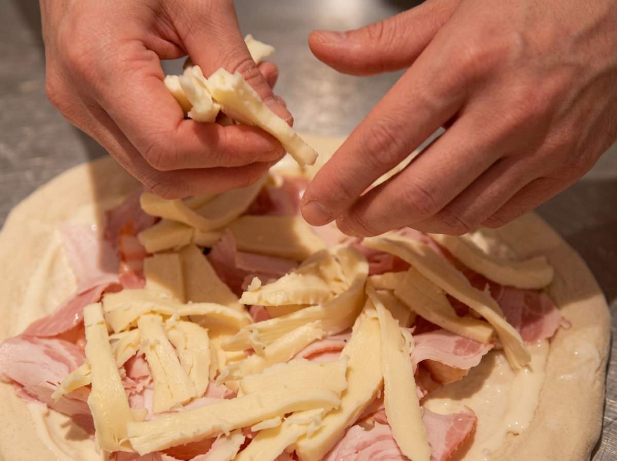 Tiras de queso esparcidas sobre los ingredientes de la pizza.