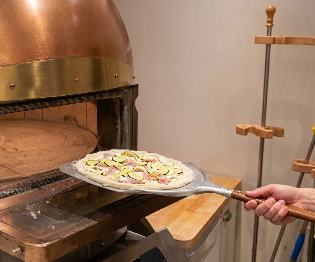 Una pizza cruda deslizándose hacia la piedra caliente de un horno de pizza usando una pala de metal.