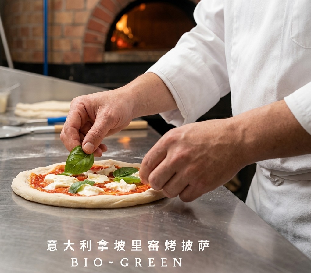Primer plano de las manos de un chef colocando hojas de albahaca fresca sobre una pizza cocida.