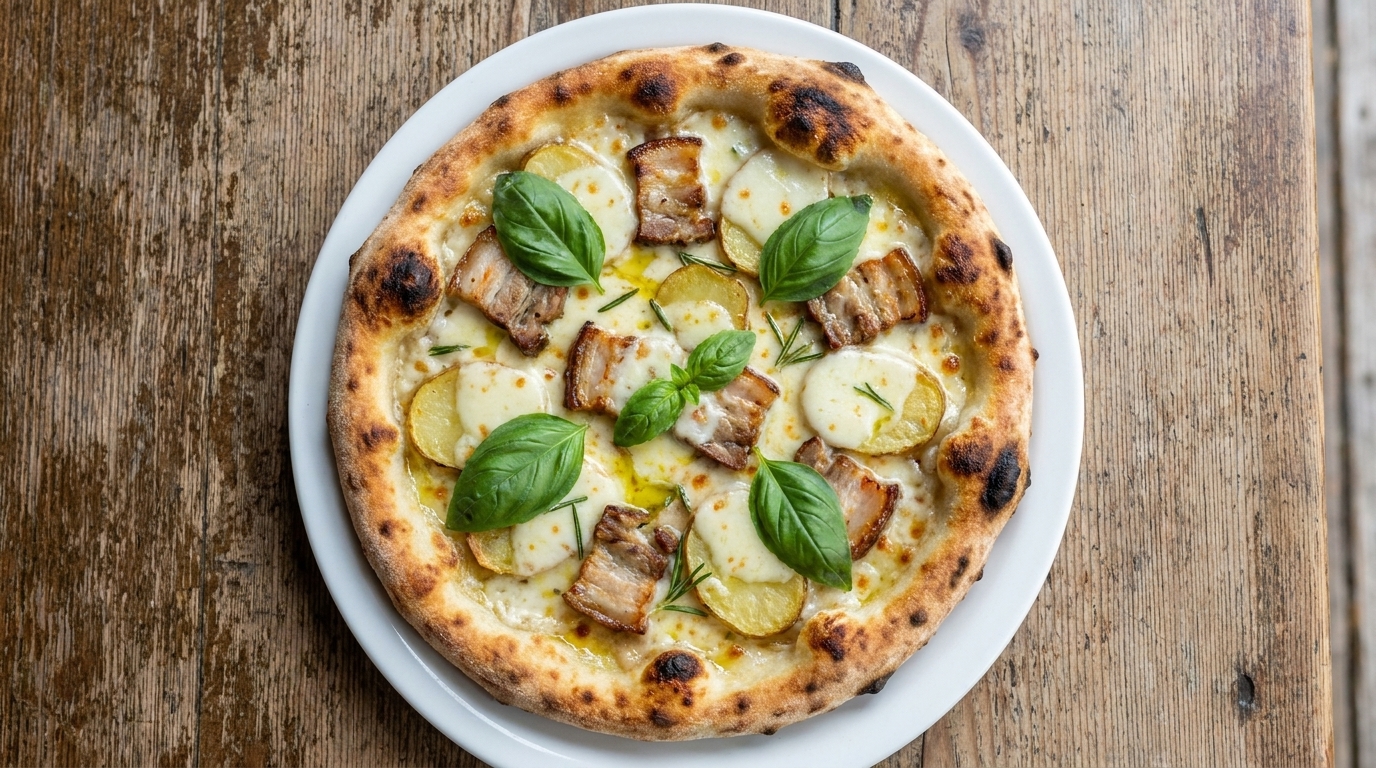 Pizza de papa y cerdo recién horneada decorada con hojas de albahaca fresca.