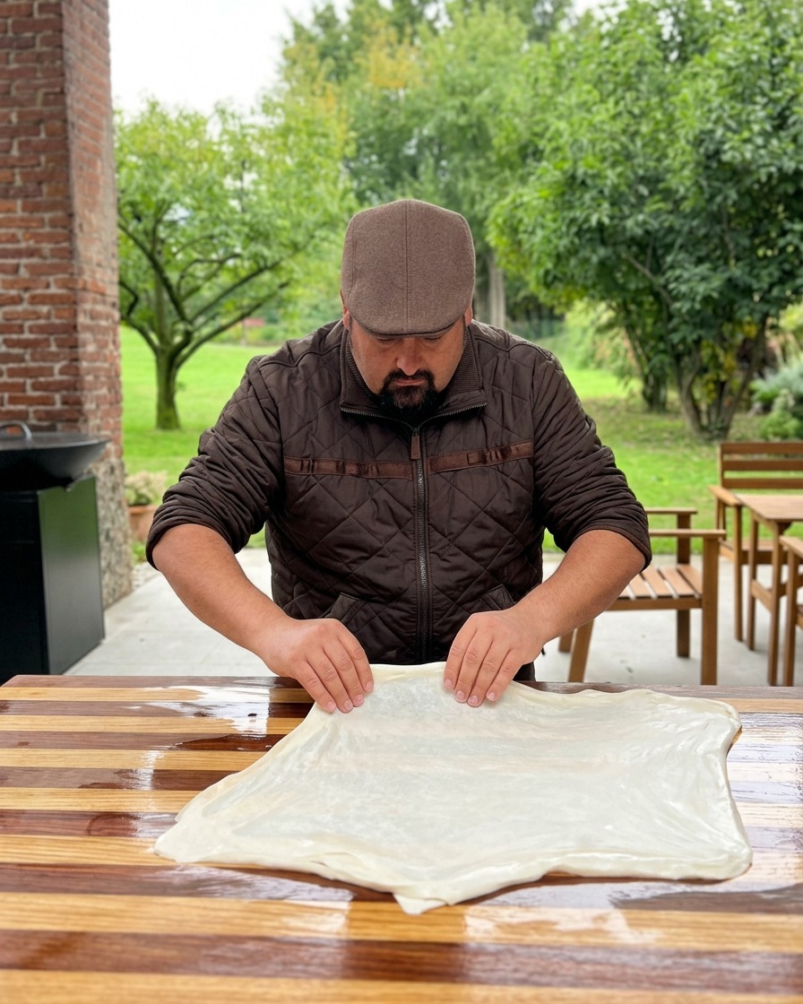 Masa siendo estirada a mano sobre una superficie de madera.