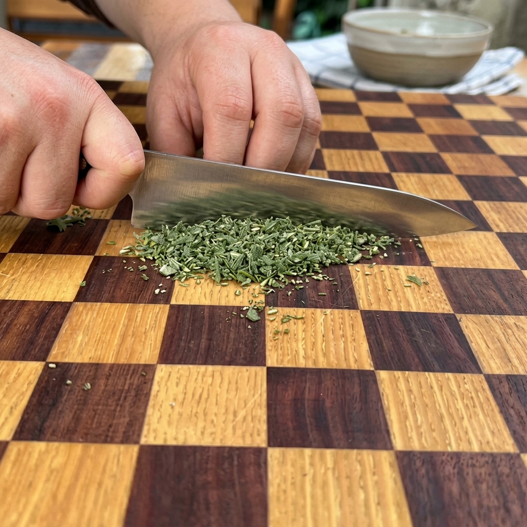 Hierbas verdes frescas siendo picadas finamente sobre una tabla con un cuchillo de chef.