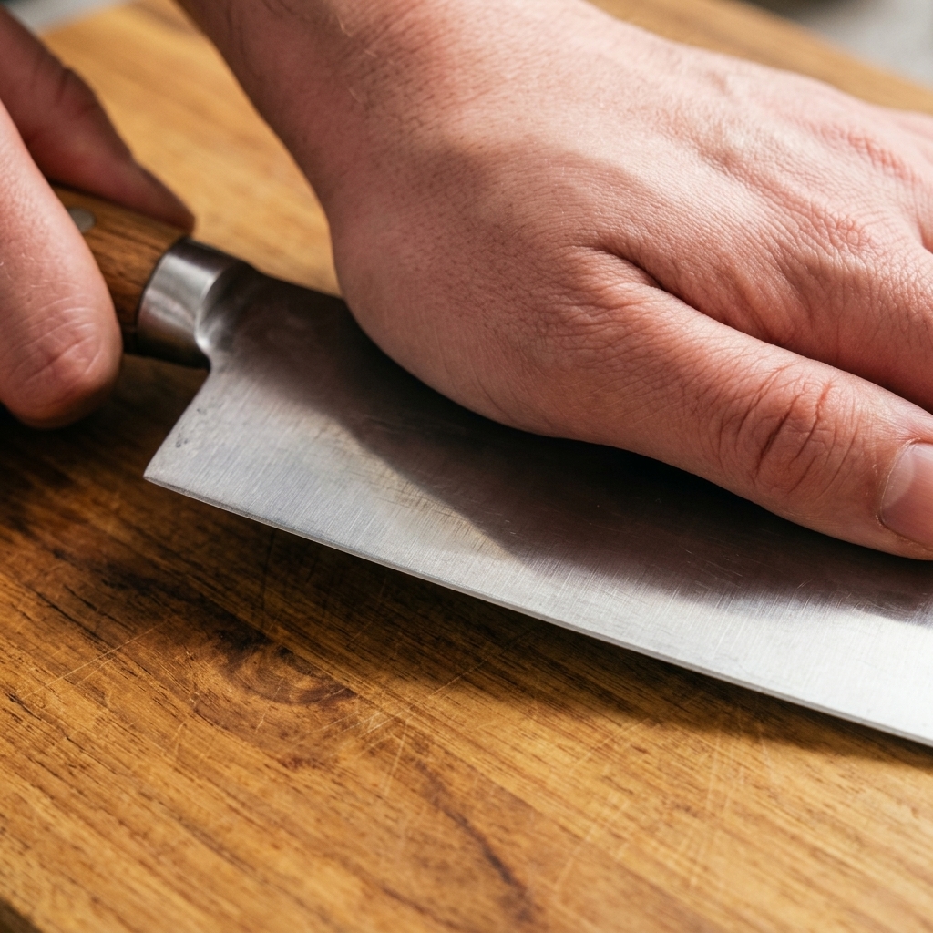 Dientes de ajo siendo aplastados con la parte plana de un cuchillo sobre una tabla de madera.